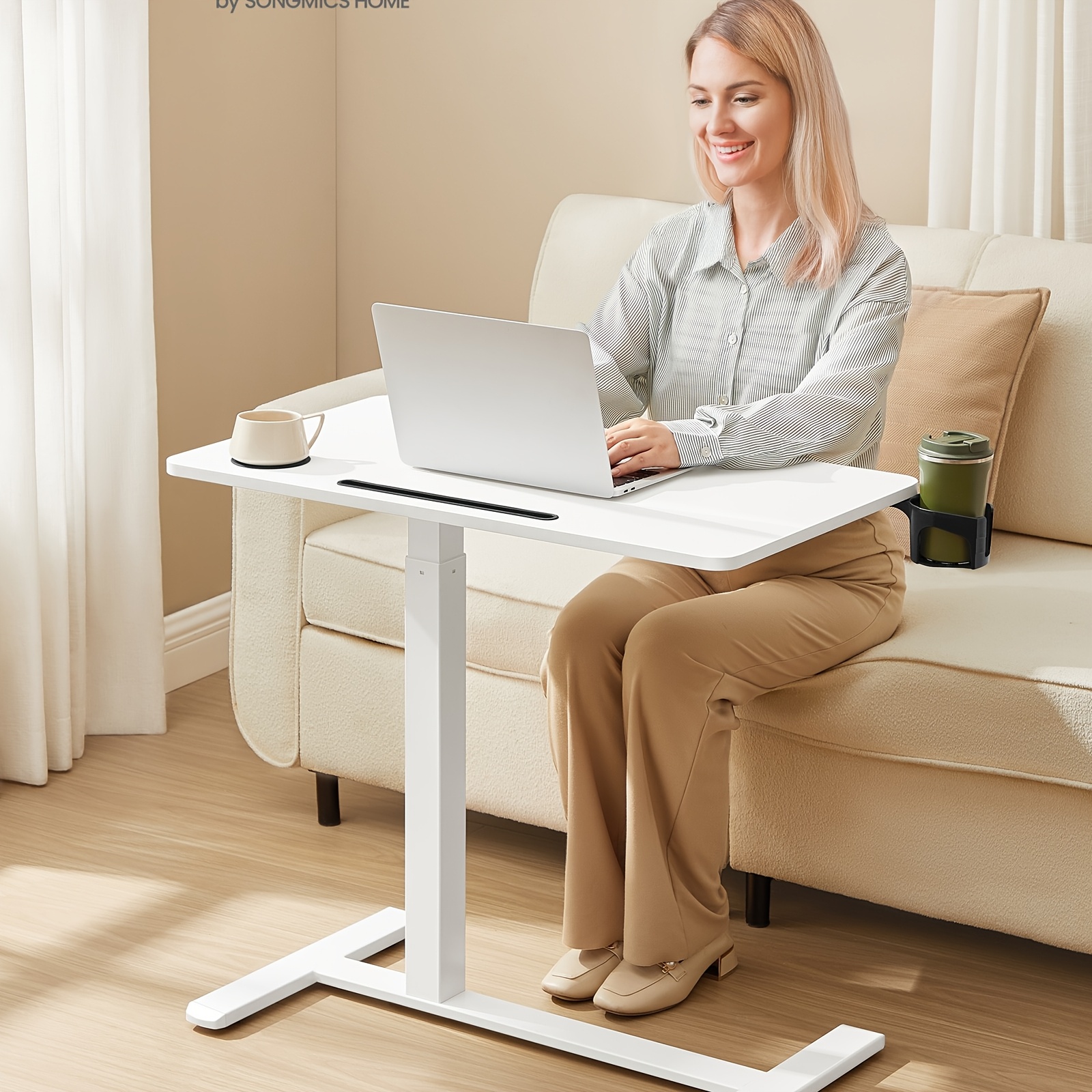 TEMU Table de chevet à roulettes, bureau d'ordinateur mobile, plateau de 31,5 x 17,7 pouces, hauteur réglable, 2 porte-gobelets, fente pour téléphone