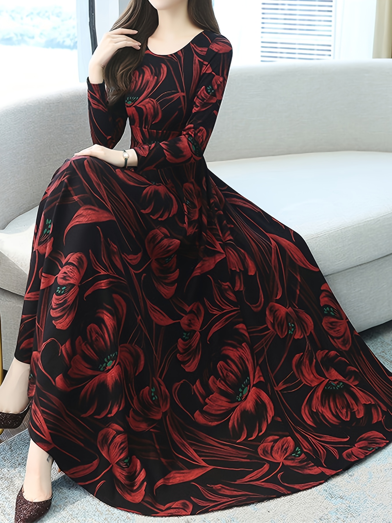 Red floral print maxi dress with ruched waist A line silhouette model wearing dress