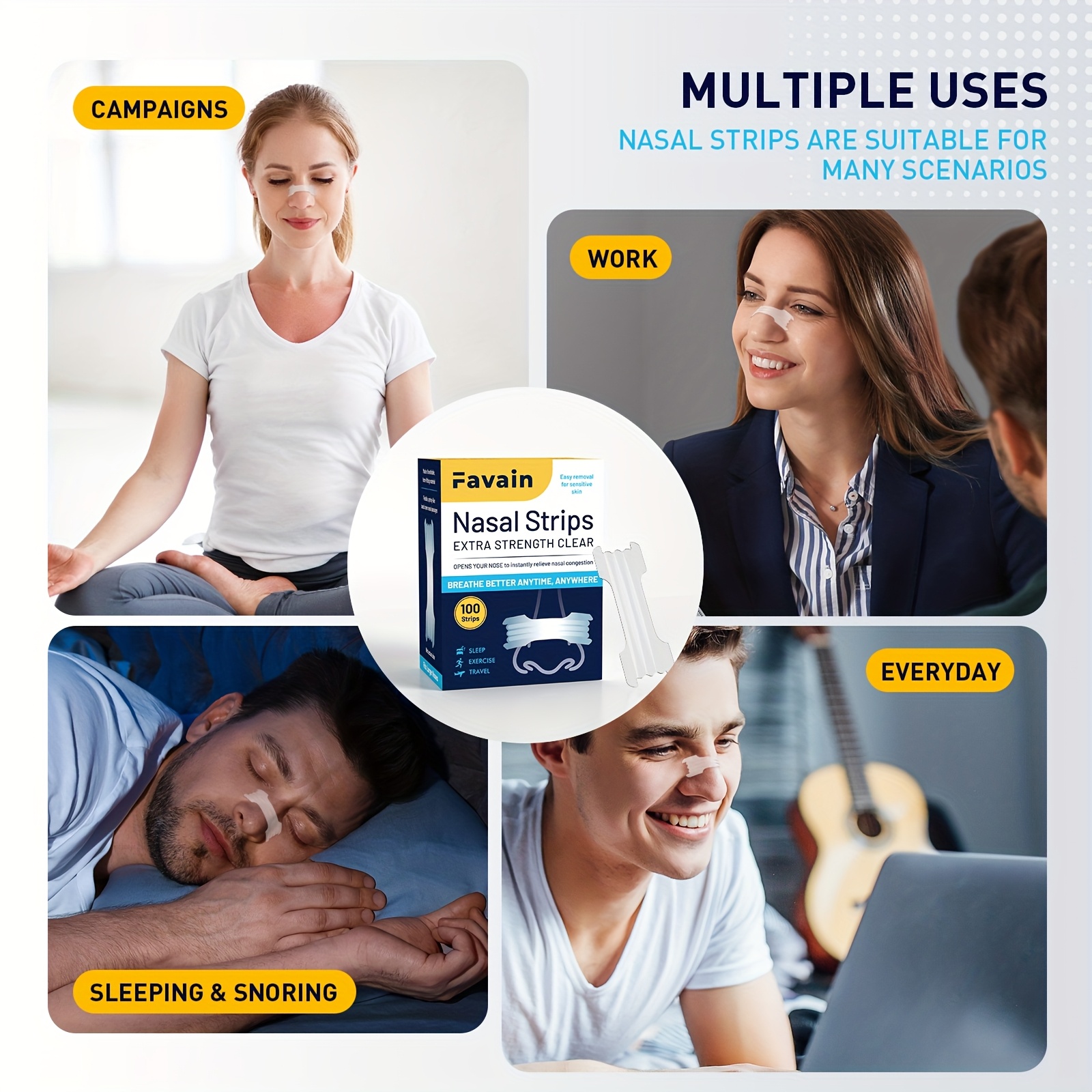 Favain 100pcs Non-Drug Snore Free Nasal Strips - Increased Airflow, Drug-Free Sleep Aid, Anti-Snoring Solution for Sleep Apnea & Health-Conscious Individuals, Christmas Gift Idea, Sleep Aid, Natural Sleep Aid, Easy Application