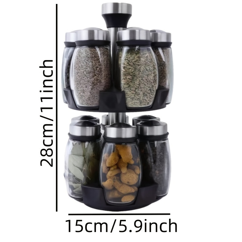 12-Jar Double Deck Rotary Spice Rack Organizer, Glass Countertop Spice Holder with Step Shelf, Reusable Labels & Funnels, Multifunctional Kitchen Spice Storage System