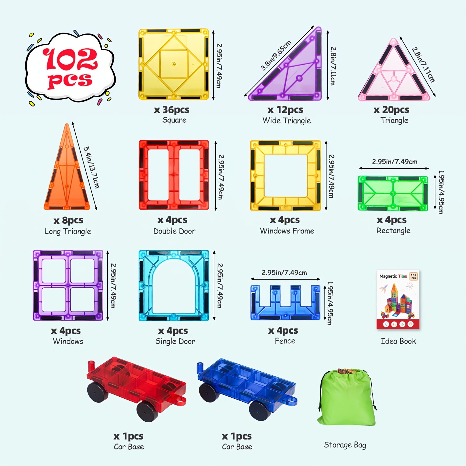 TEMU 102pcs/120pcs Magnetic Tiles Advanced Toy Set With 2 Cars, Magnetic Tiles Toys Sets, Building Construction Educational Stem Toys For 3+ Year Old