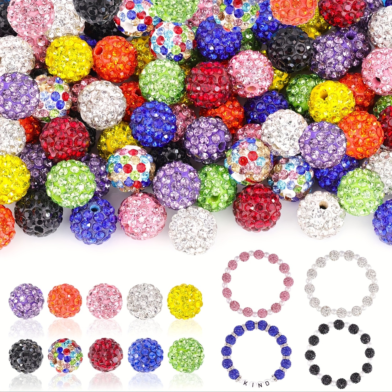 

100pcs 8mm Rhinestone 10 Mixed Colors Shiny Round Disco Ball Bulk Fancy Sparkle Crystal Clay Beads For Jewelry Making Diy Necklace Bracelet Earrings Beaded Decorations