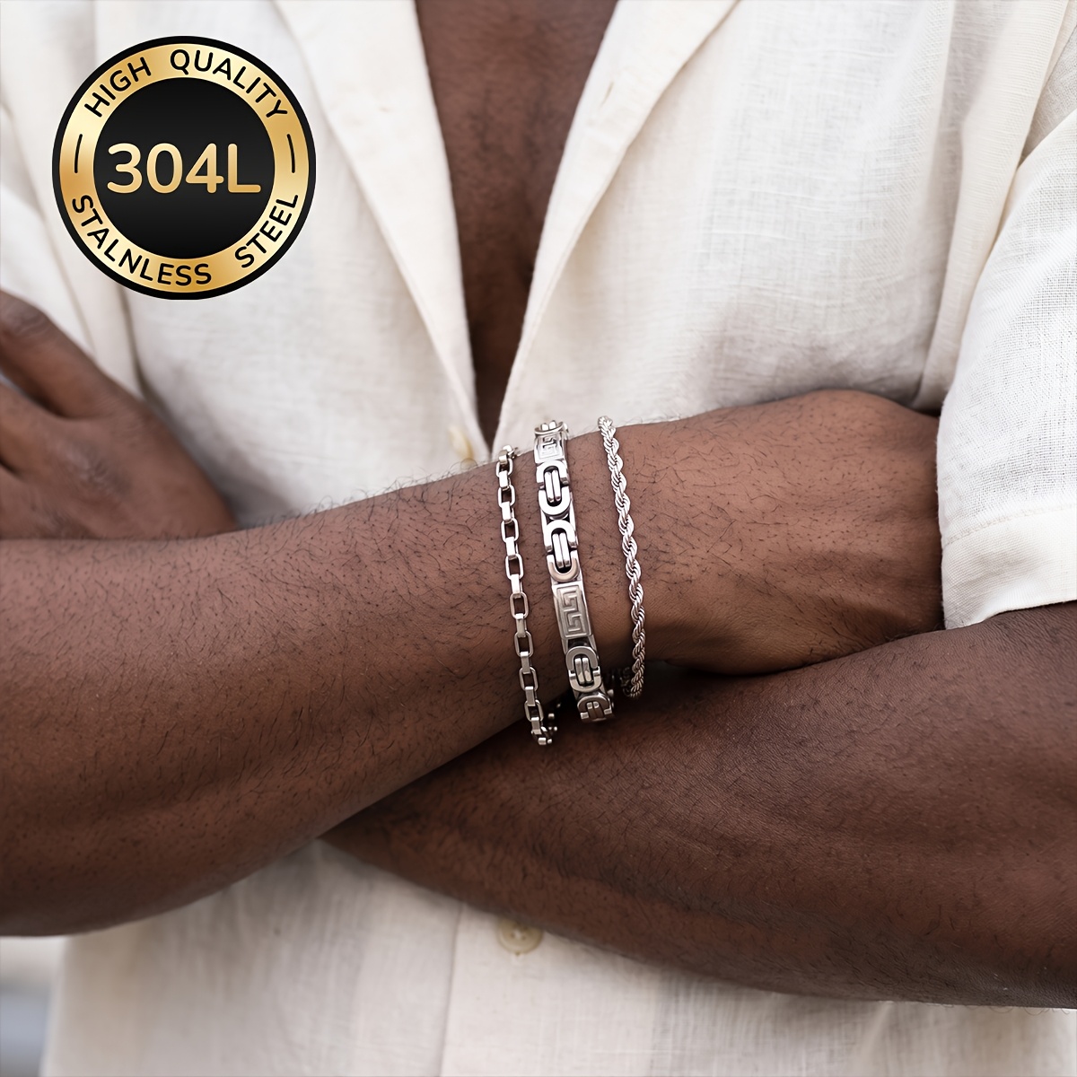 3pc Waterproof 304 Stainless Steel Men's Bracelet Set
