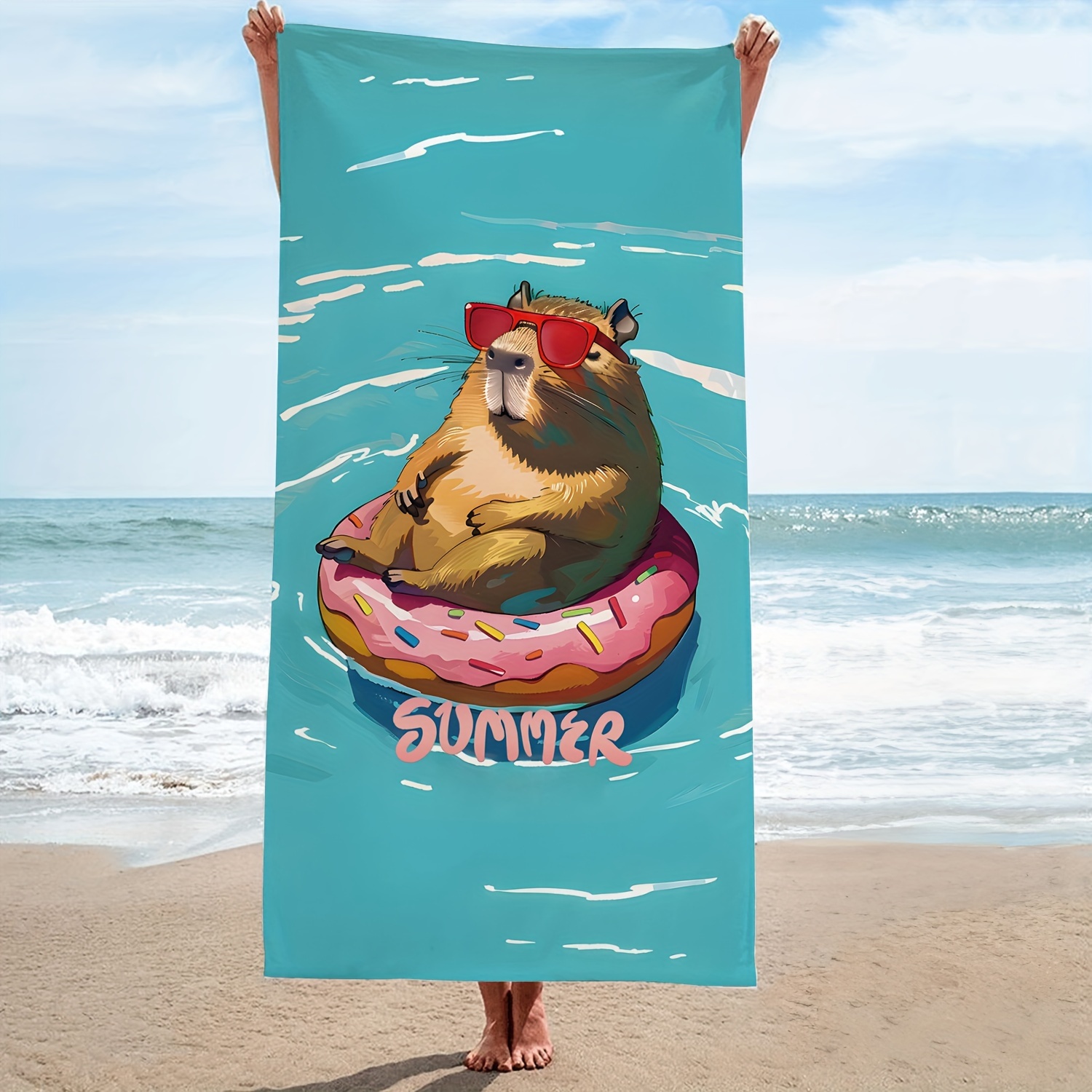 

1pc Lightweight Camping Towel, Donut Capybara Design Bath Towel, Multi-purpose, Absorbent Quick-drying Towel, Durable Beach Towel, For Travel, Outdoor Activities And Sports - 2 Different Sizes