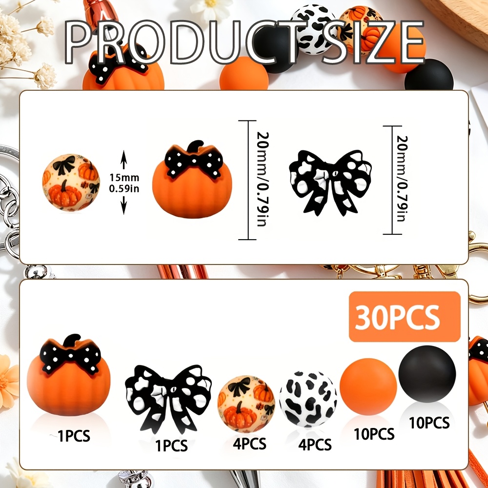 TEMU Ensemble de 30 perles en silicone 3D de citrouille avec nœud, Halloween, de Thanksgiving, perles d'artisanat, idéales pour la décoration des