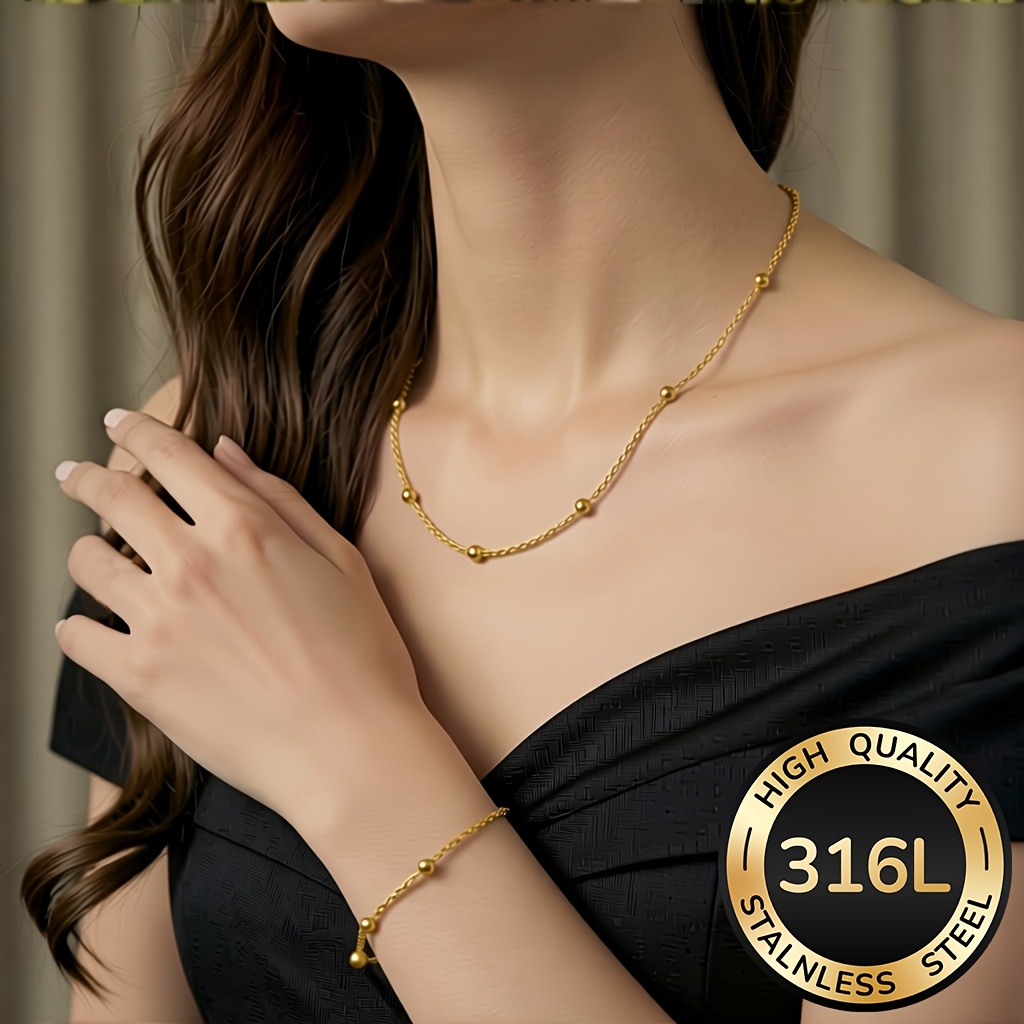 TEMU 2pcs Stainless Steel Necklace & Bracelet Set, Simple Bead Design - Stylish And Versatile Choker Necklace, Women's Bracelet, 316l Stainless Steel
