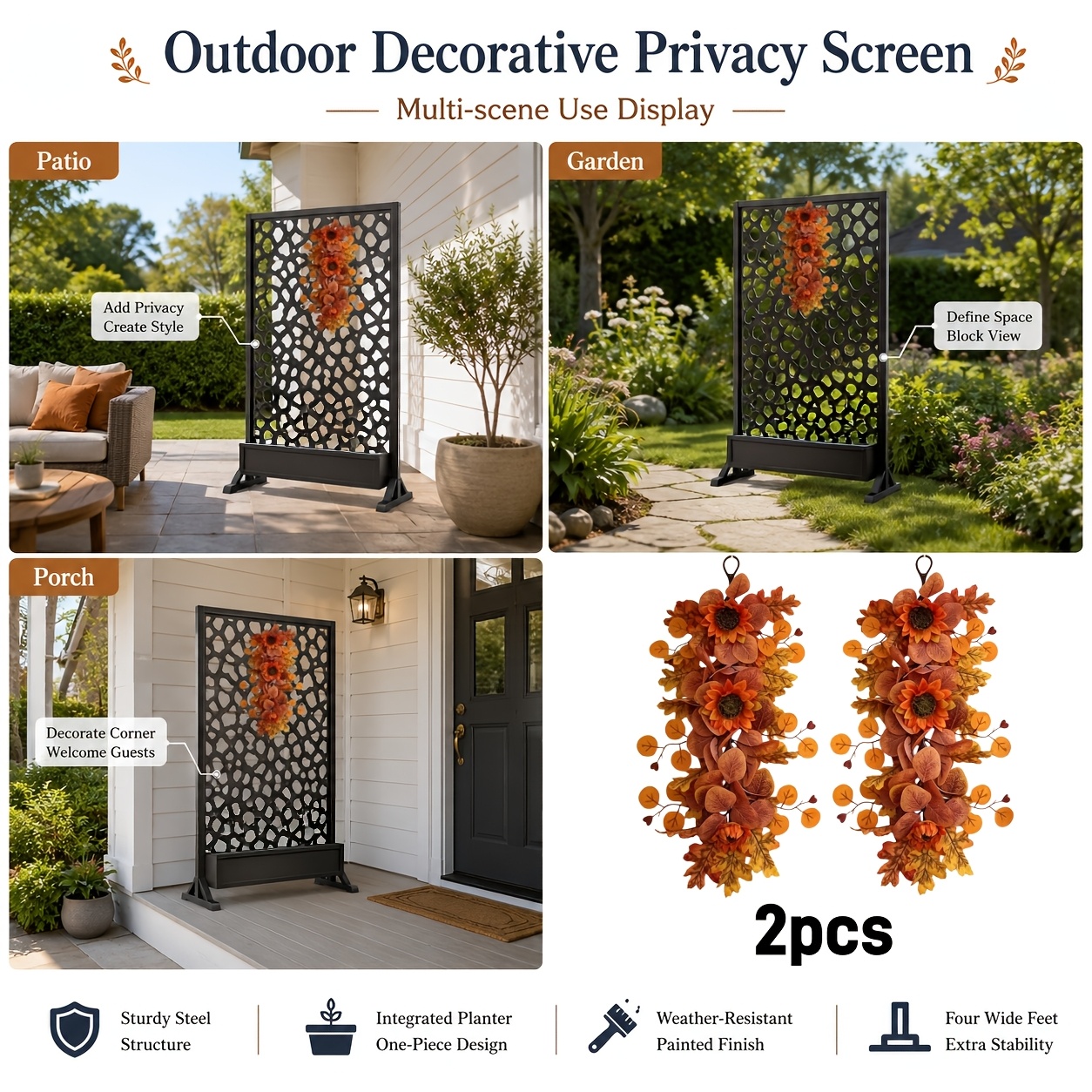 TEMU 2pcs Autumn Sunflower Maple Leaf Faux Door Hanging Decoration, Outdoor Artificial Floral Wall Hanging, Includes Sunflower, Vintage Red-brown Oak