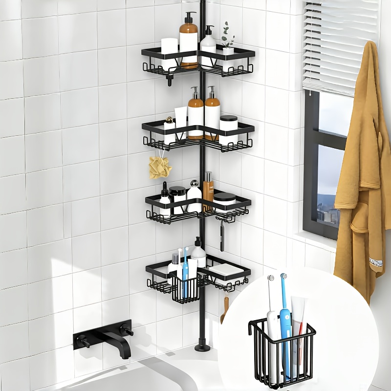 TEMU Un scaffale a quattro ripiani, progettato per il bagno, con porta spazzolino e realizzato in acciaio inossidabile regolabile. Questo ripiano