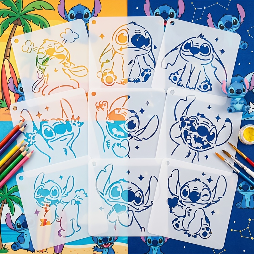 Image of A Set Of 9 Stitch Painting Templates Featuring Different , Made Of Reusable Plastic. Character Templates Are Suitable For Crafts, Wall Painting, Fabric And Home Decor, Embroidery, T-shirts, Canvas