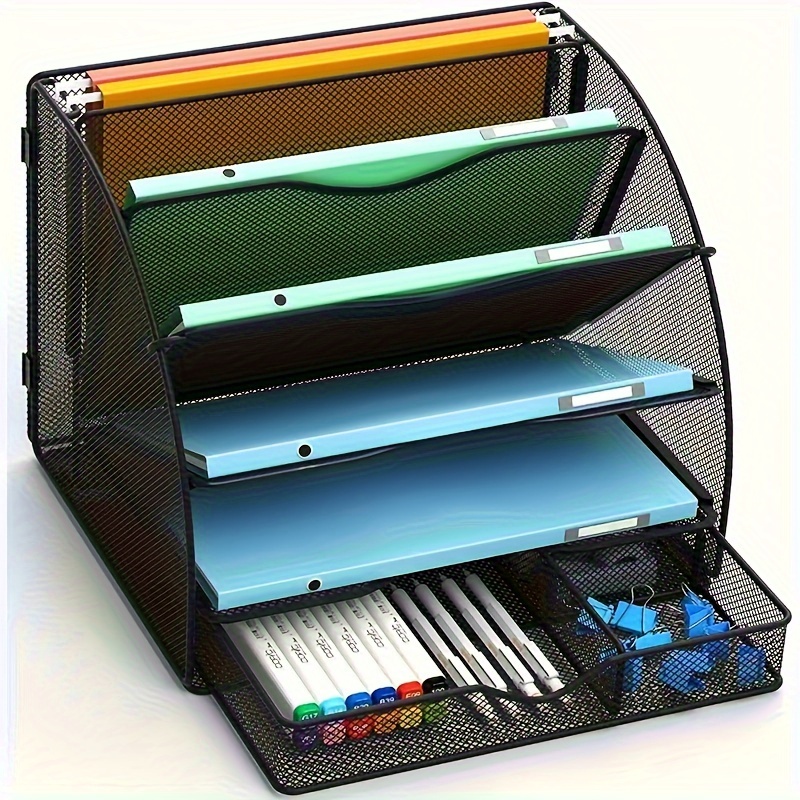 

1 Pcs Desk Organizer, Fan Shaped Desk File Organizer 5-tier With Drawer, Mesh Desk Organizers And Accessories For Office Supplies Home Or School, Black