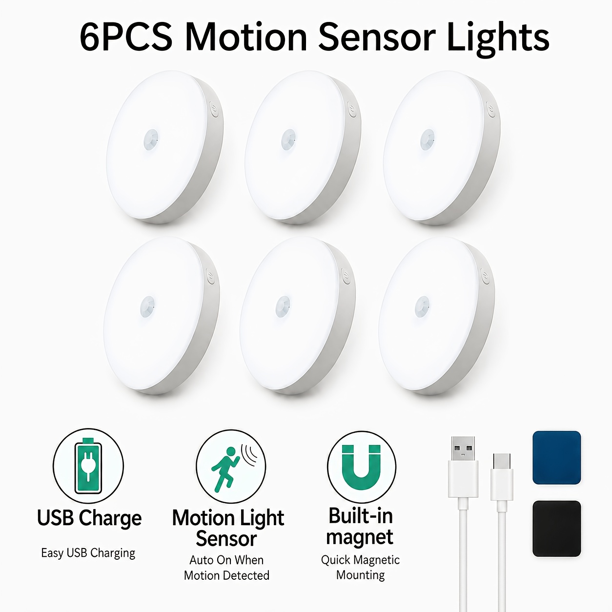 TEMU 6pcs Set Of Motion Sensor Night Lights With 3 Lighting : Sensor-activated, -on, And Dimming Via Long Press. Features A Built-in Battery And Usb