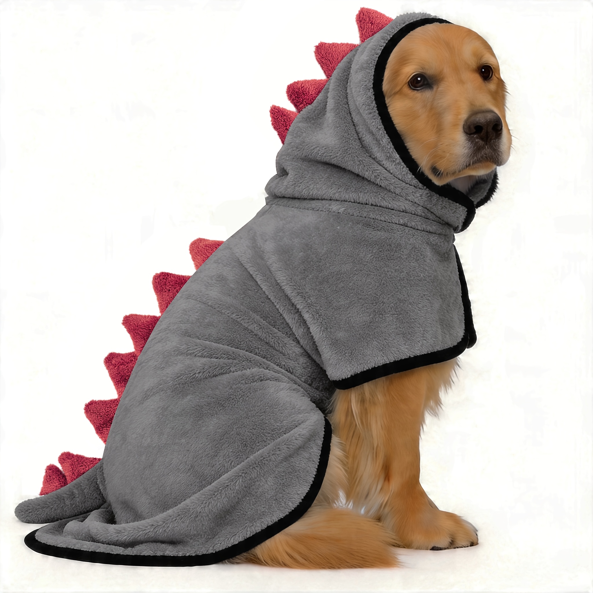 TEMU 2-in-1 Dog Bathrobe Winter Warm Coat Super Absorbent Coral Fleece Hooded Towel With Adjustable Hook-and-loop Belt, Cute Dinosaur Costume,