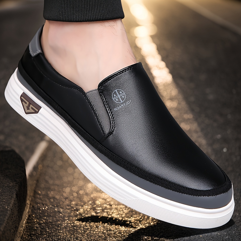 Men's Casual Slip-On Loafers - Soft Leather Upper, Comfortable & Durable, Non-Slip Rubber Sole, White with Brown Accents, Full Size Range for Casual Attire, Street Style, and Commuting, Commuting Loafers | Minimalist Loafers | Durable Construction