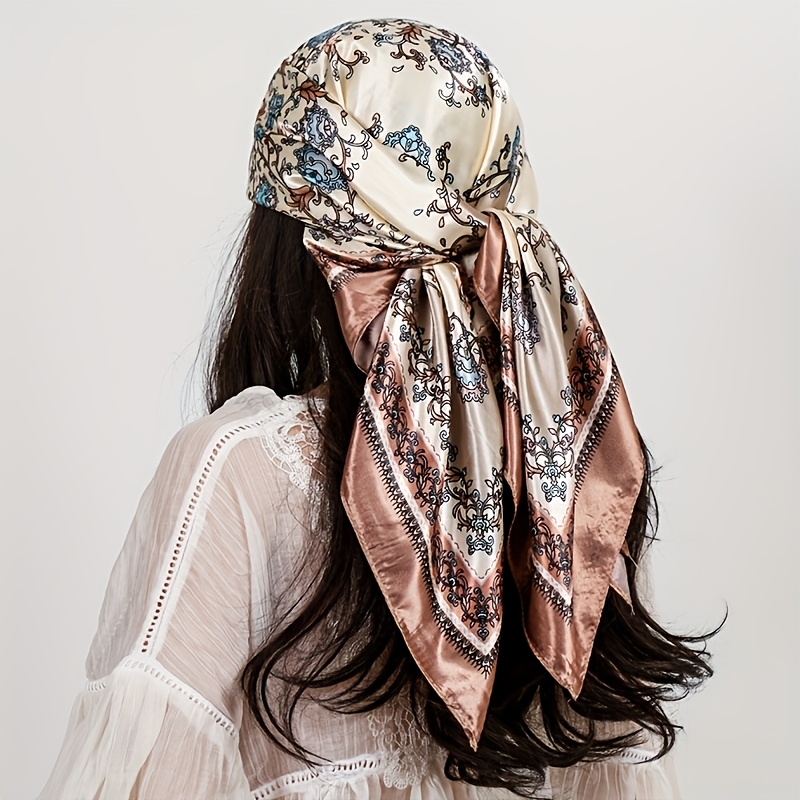 TEMU Pañuelo cuadrado elegante con estampado floral, 90x90 cm, pañuelo grande, exquisito diseño dorado, , para uso diario, viajes y atuendos de moda,