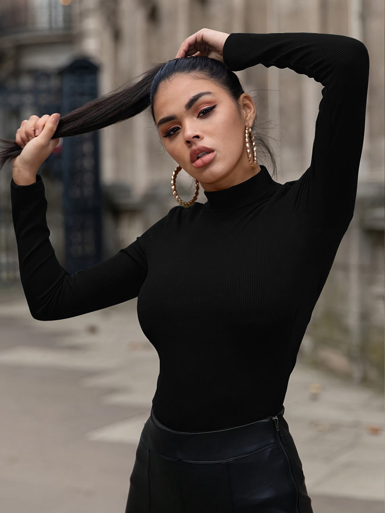 Slim Mock Neck Plain Color T-shirt, Casual Long Sleeve Top For Spring & Fall, Women's Clothing