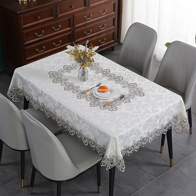 

1pc, Beige Rectangular Lace Waterproof Tablecloth, Floral Embroidery Table Cover, Wedding Party Banquet Holiday Halloween Christmas Decoration, Dining Table Coffee Table Dresser Table Cover