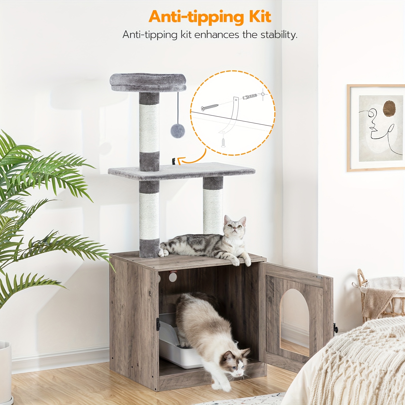 Image of Cat Nest, Cat Climbing Frame, Litter Box Cabinet, Cat House With Door And Independent Partition For , Cat Litter Storage Box, Gray Height 128 Centimeters, Litter Box Not Included