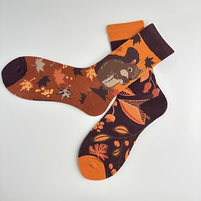 TEMU 1 Pair Of Ab Style Men's Mid-calf Socks In Orange And Brown With A Nut Squirrel Pattern, Comfortable And Versatile For Daily Men And Women