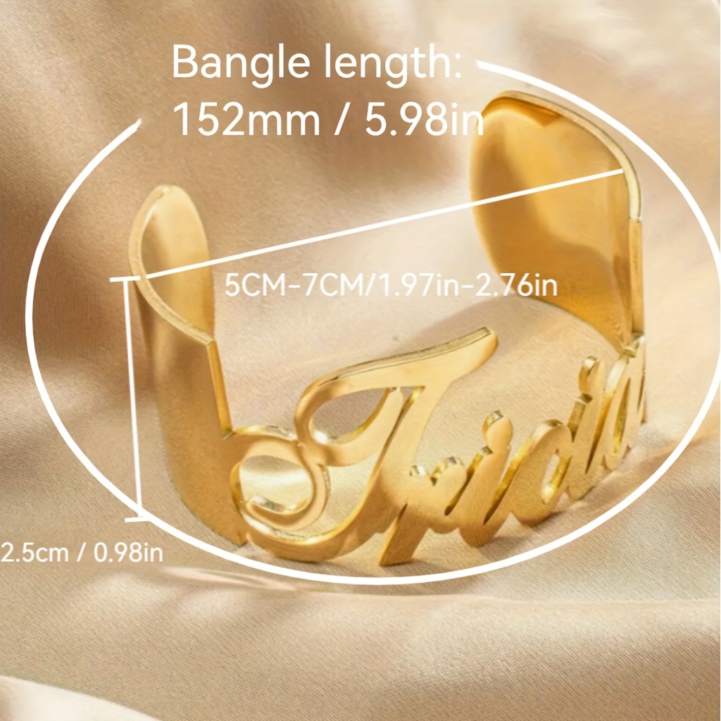 TEMU Custom Stainless Steel Name Bracelet - Personalized Golden-tone Cursive Bangle For Women, Elegant Urban Style With "" Engraving, & Party Wear,