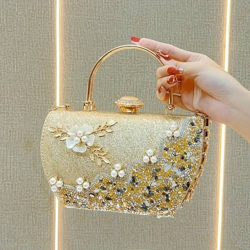 vintage floral evening clutch elegant pearl chain dinner bag polyester satchel with removable strap kiss lock closure for women wedding party accessory