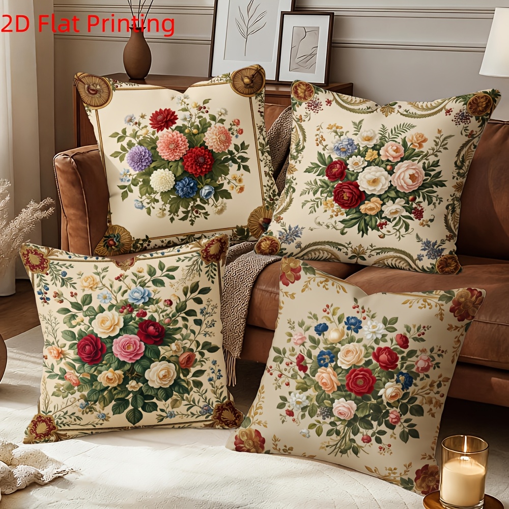 TEMU 4pcs Set 2d Flat Printed Pillowcases With Floral Embroidery Pattern, Zipper Closure, Soft And Fluffy. Suitable For Living Room, Bedroom, Sofa,