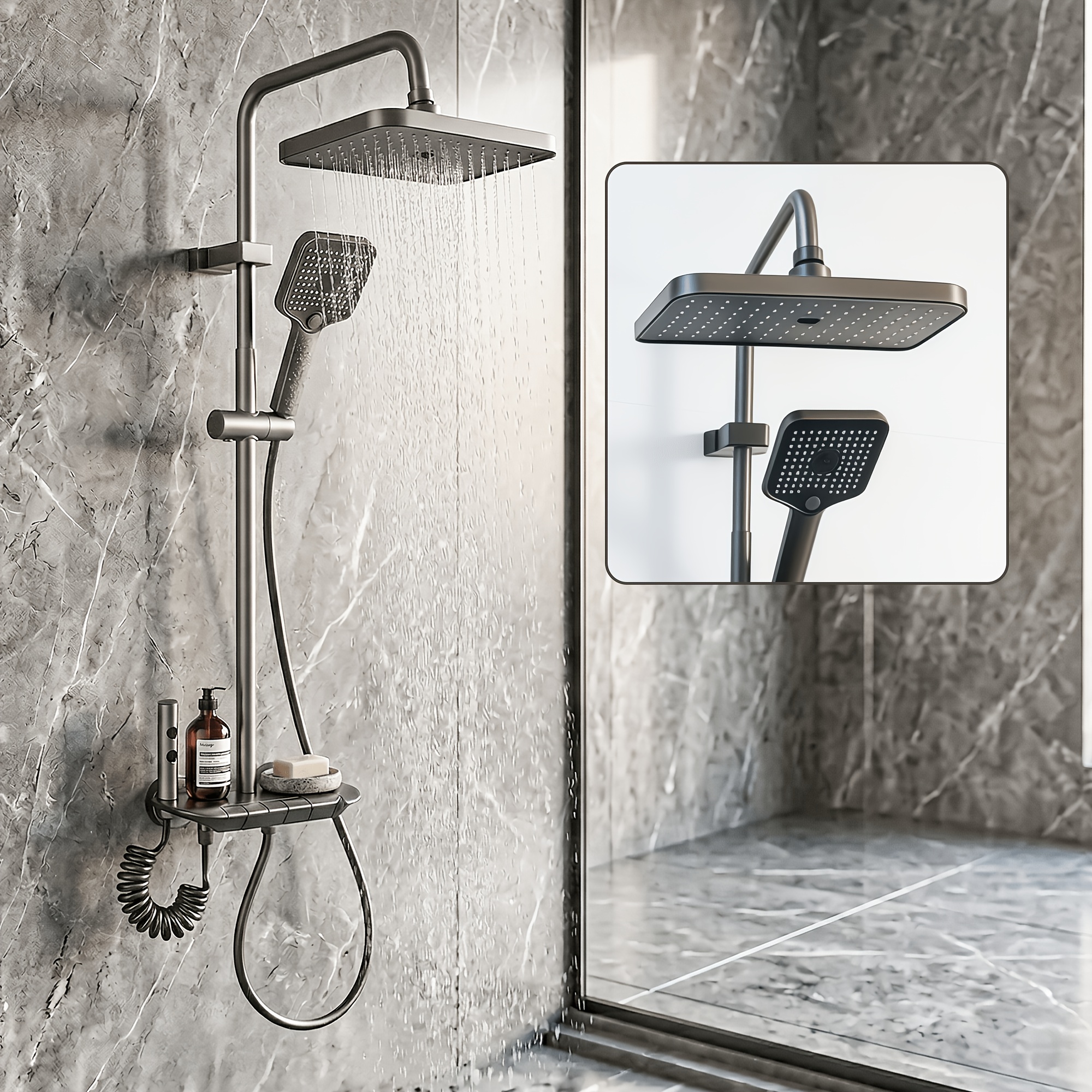 Piano-style Shower System And Multifunctional Shower Set Featuring Adjustable Height, Package, And ; High-quality Construction And A Handheld Showerhead Create A Comfortable Showering Experience.