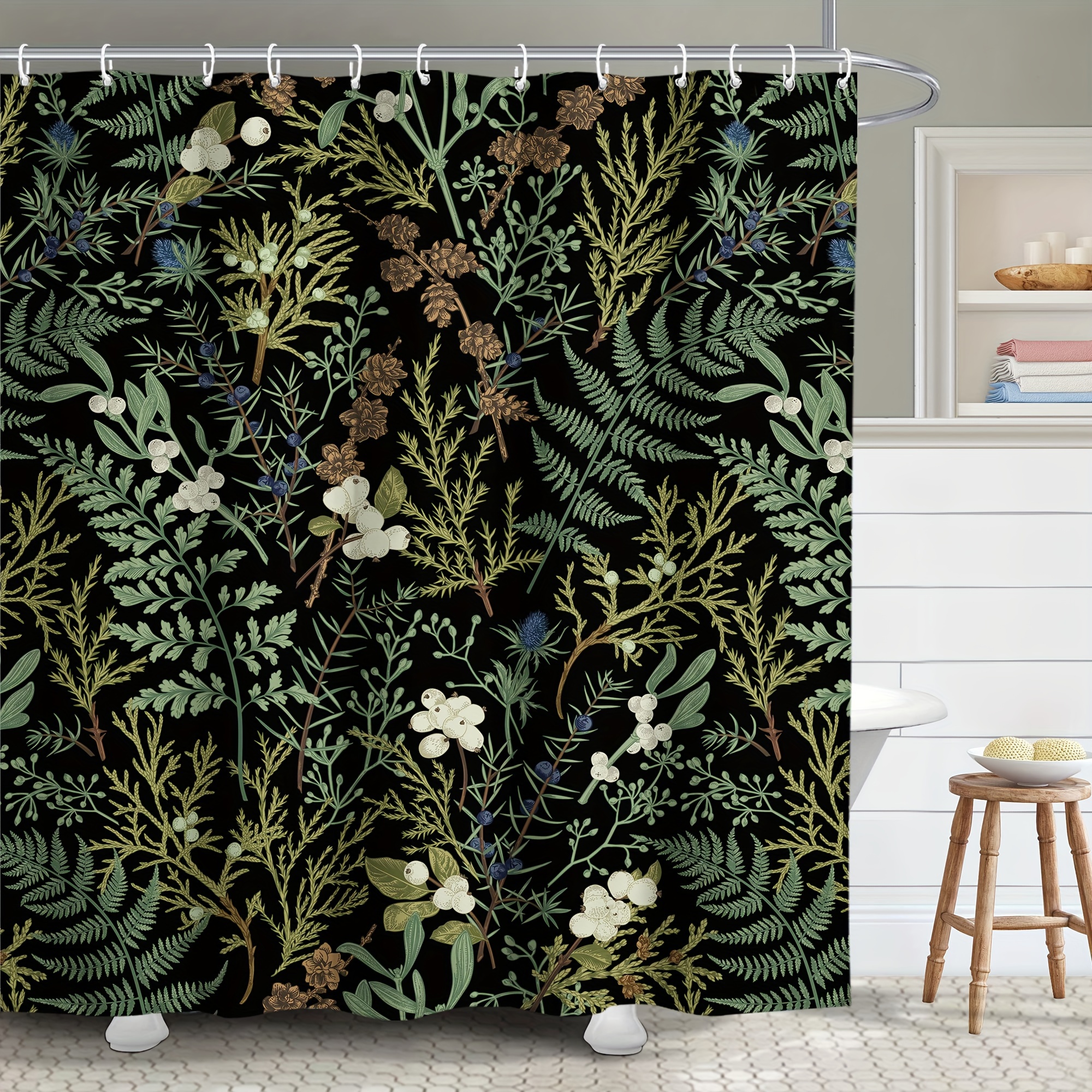 

& Black Leaves Shower Curtain - Waterproof Polyester, Machine Washable, Includes Hooks, 71x71 Inches - All Bathroom Decor