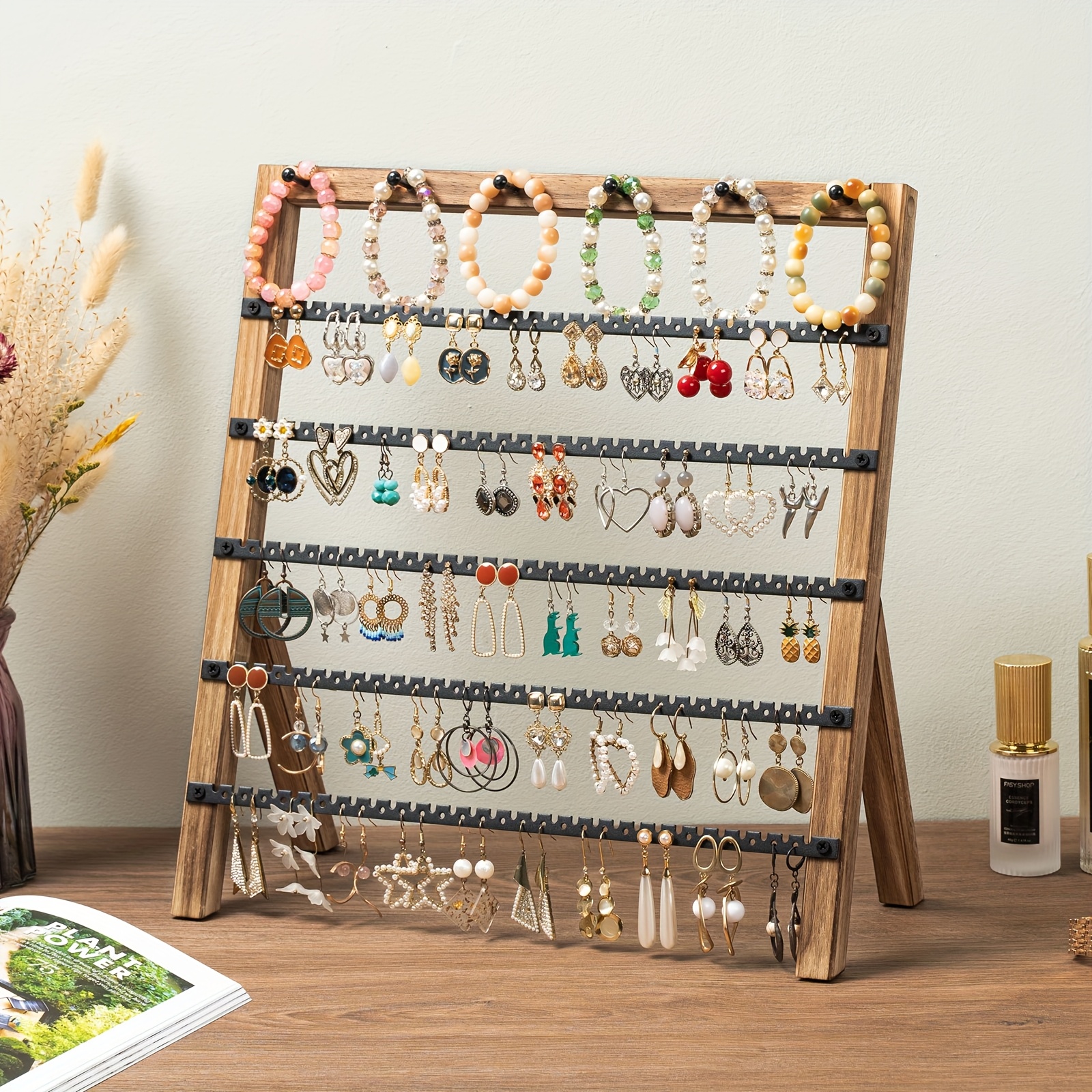 1pc 5 tier jewelry organizer stand with 130 hooks recycled wood earring holder display rack   for earrings bracelets desktop storage for women s jewelry display natural    