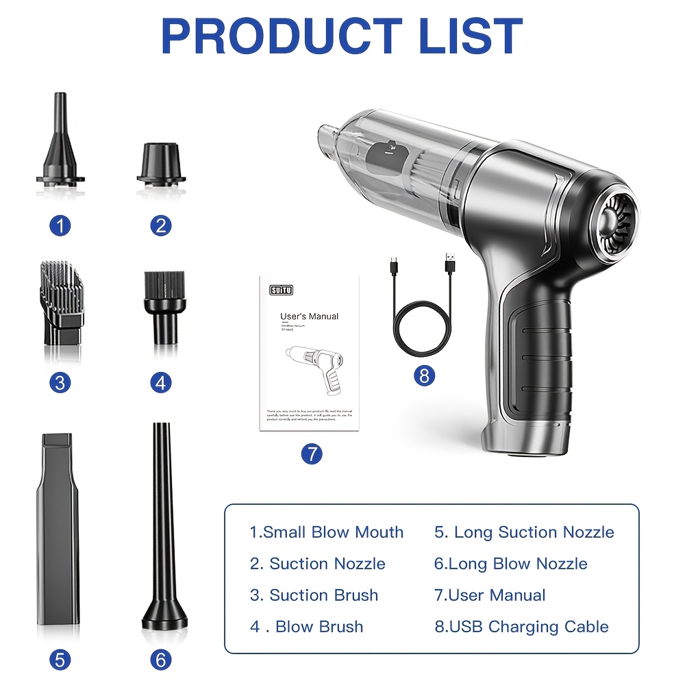 TEMU 45000pa High Suction Wireless Portable Vacuum Cleaner For Car/home - Blower/suction, Rechargeable Lithium, Usb Charging, Quiet, Dusting Brush &