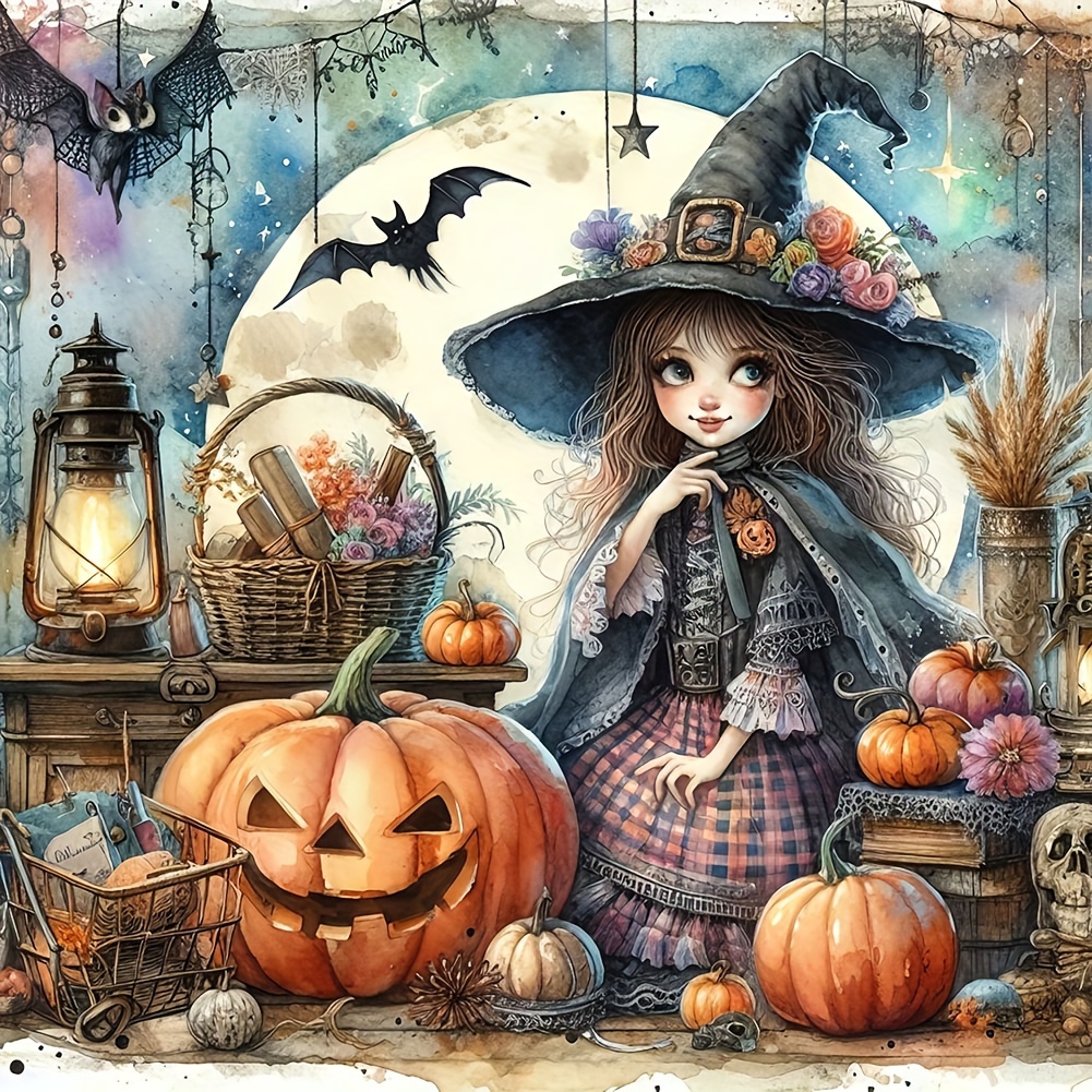 

5d Witch And Pumpkin Diamond Painting Kit Round Full Drill, Diy Acrylic Embroidery Cross Stitch Arts Craft For Wall Decor, Halloween Theme Diamond Art Gift Set