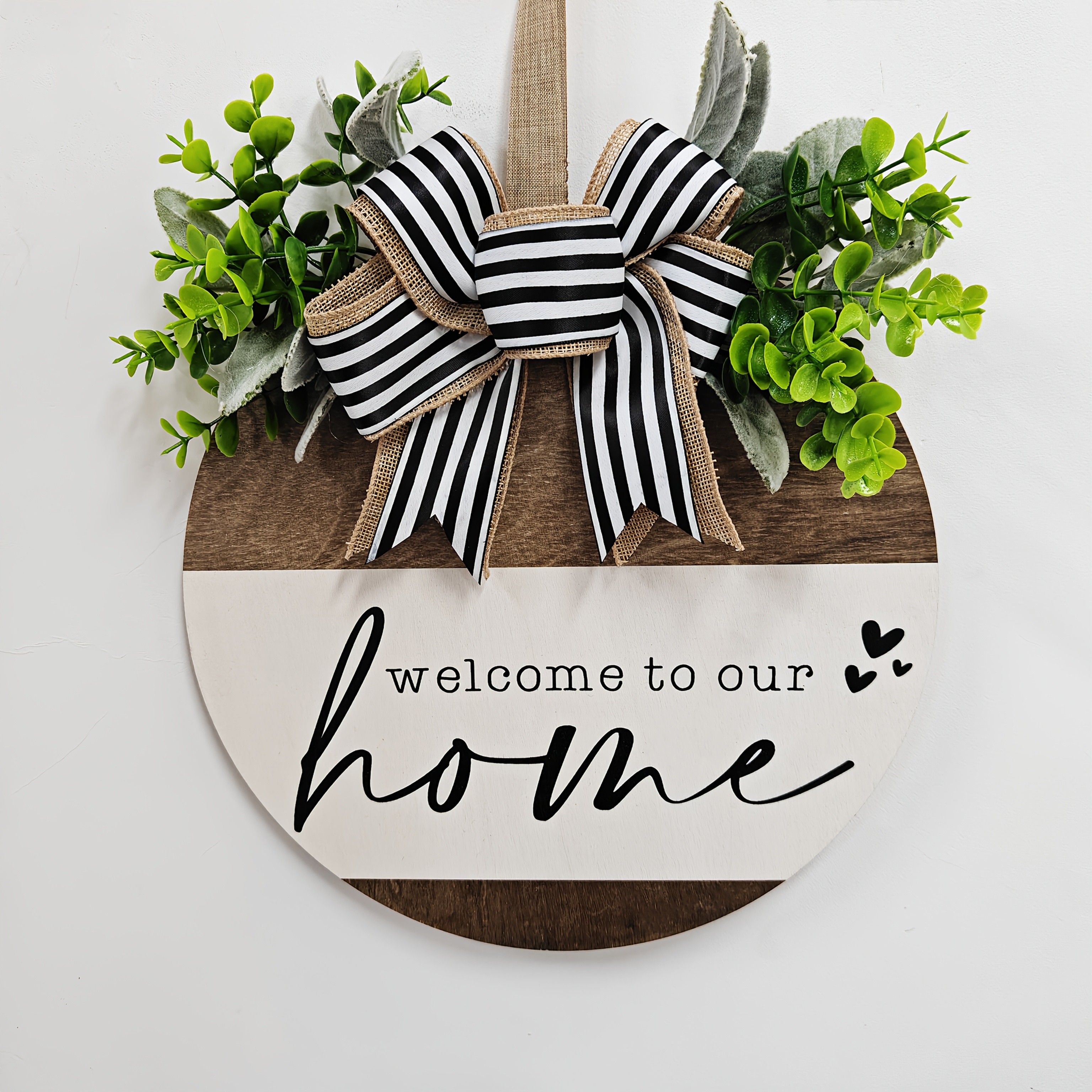 Image of 1pc 11.8inch Rustic Welcome Wreath With Striped Bow - Artificial Door Hanging Decor Suitable For , Housewarming Gift, Farmhouse Entryway Decoration, Neutral Bow For Front Door Or Wall Display