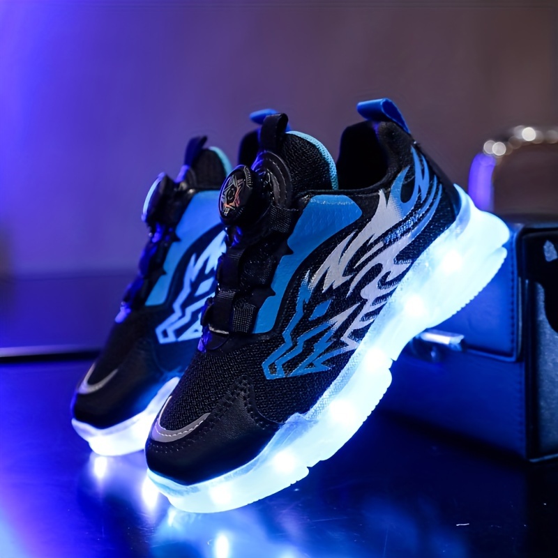 LED Light Up Sneakers for Kids Glow in the Dark Sports Shoes with USB Charging Cartoon Pattern Low Top Rotating Closure Non Washable TPR Sole Fabric Upper and Inner Polymer Battery 36V