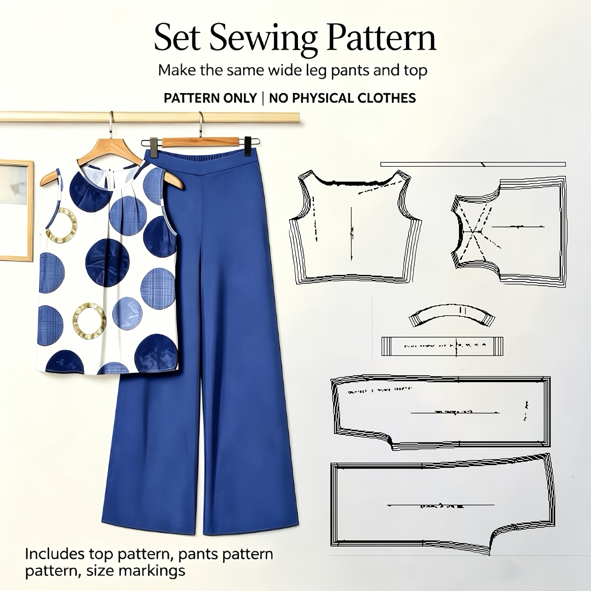 TEMU Women's Sleeveless Round Neck Blouse + Wide Leg Pants Sewing Pattern, Pattern Only, No Actual Garment, Sleeveless Top + Wide Leg Pants, Multiple