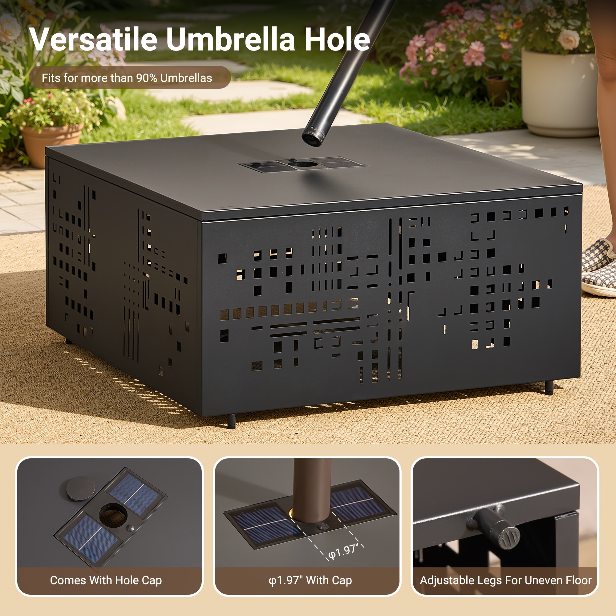 Only One Outdoor Metal Coffee Table with Lights And An Umbrella Pole Hole, Black Or Gray Two Table Color Options, A Coffee Table Suitable for Pairing with Outdoor Patio Furniture, Easy to Assemble