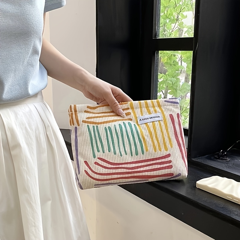 

Striped Corduroy Cosmetic Bag, Fashion Multicolor Clutch, Portable Travel Toiletry Pouch, Skincare Organizer, Handheld Wash Bag