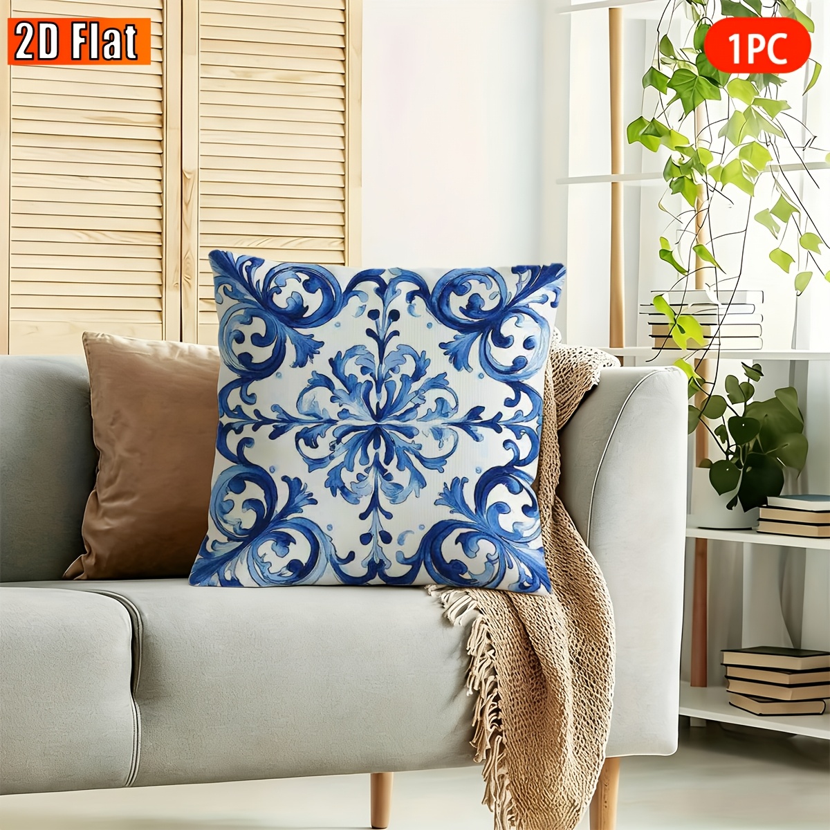 TEMU 1 pz Copricuscino piatto 2D blu con motivo | Stile vintage, poliestere lavabile in lavatrice, stampa , per camera da letto, soggiorno, ufficio,