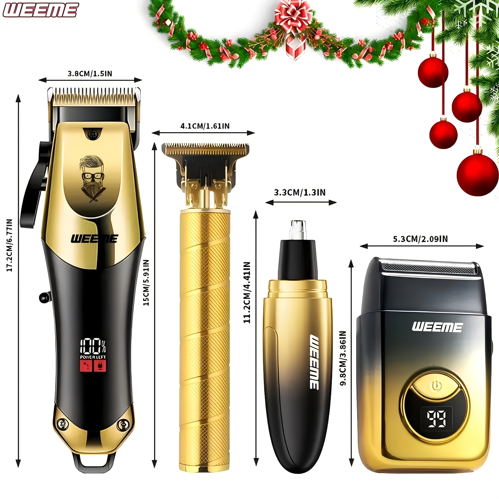 WEEME Heren Blauw/Gouden 4-delige Tondeuse en Trimmer Set - Professionele Draadloze Tondeuse, Draagbare Baard- en Lichaamstrimmer, Edge Trimmer en Scheermes Combo, Kerstcadeau Categorie