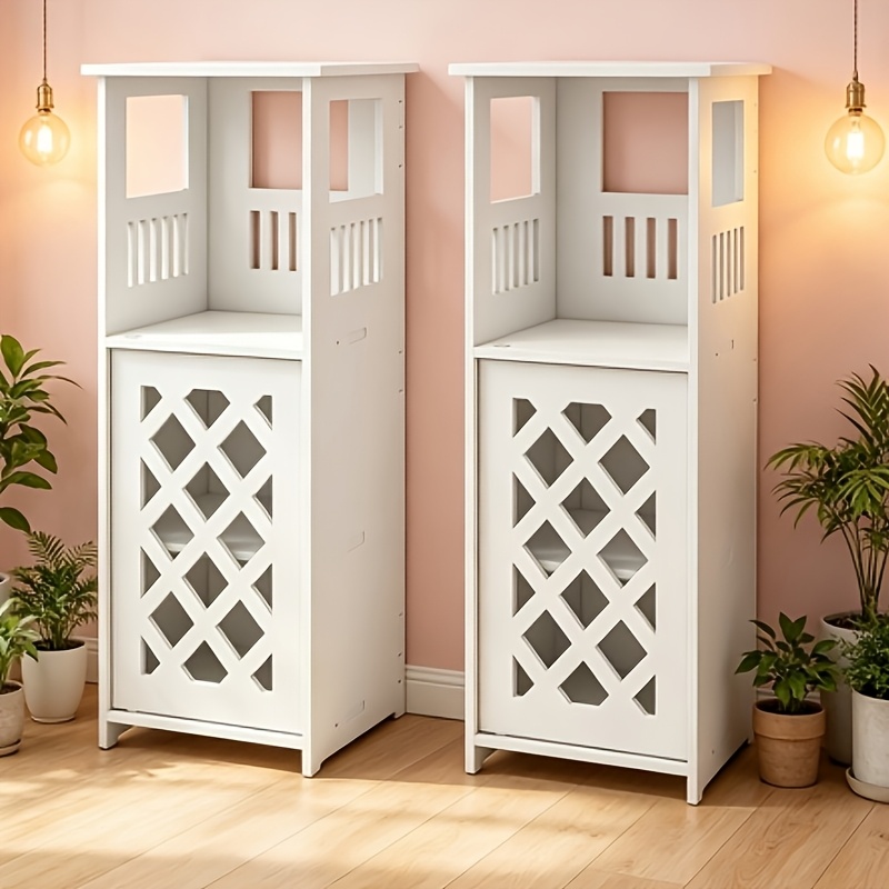 Image of Set Of 2 Narrow Lightweight Console Tables -55cm Tall Slim Entryway Cabinet For Behind Door, Bathroom & Living Room, Portable Pp+wood Storage Shelf, Space-saving For Small Apartments