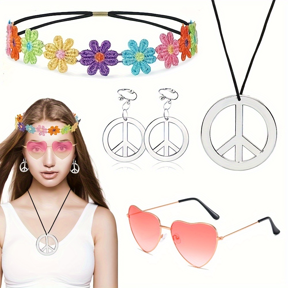 Conjunto de accesorios de ropa hippie de los años 60 y 70 para hombre,  accesorios de disfraz de discoteca, collar de discoteca, anillo de signo de