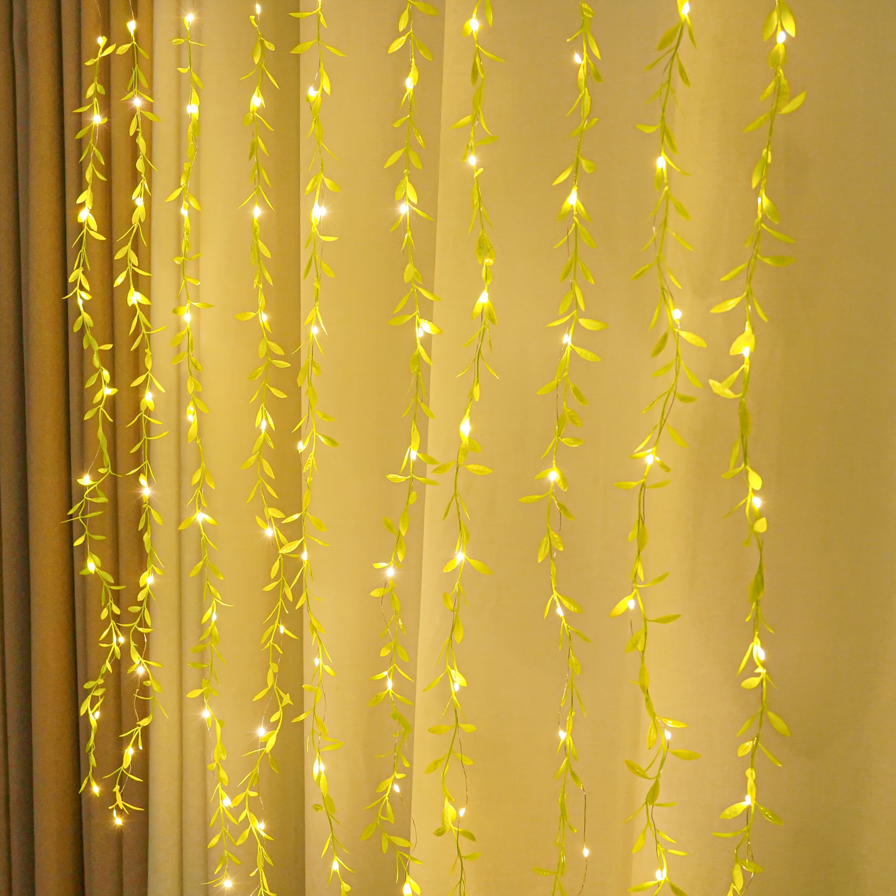 TEMU 1pc Outdoor Decorative Curtain 120led String Light, Courtyard Home Artificial Plant Leaves Lamp, Delicate Holiday Gift, For Room, Wall, Window,