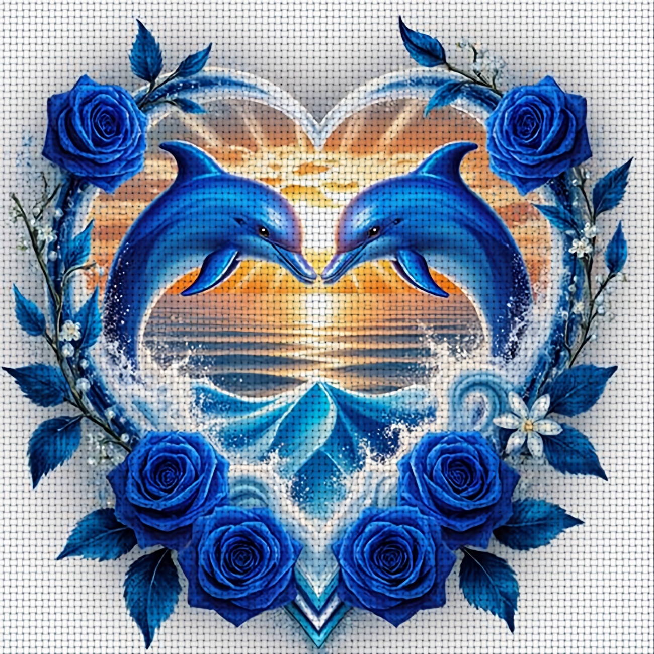 TEMU 1 Kit DIY de Broderie Point de Croix Imprimé, Cadre, avec " Bleu Cœur Rose ". Idéal pour les Débutants pour une Expérience de Loisir , Vous