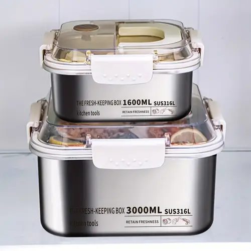 1개, 손잡이가 있는 스테인리스 스틸 신선 보관 상자 - 밀봉, 다용도, 내구성, 가정 및 여행용 - 과일, 채소, 고기를 신선하게 유지, 피크닉 도시락 상자, 준비용 사각 상자, 주방 액세서리
