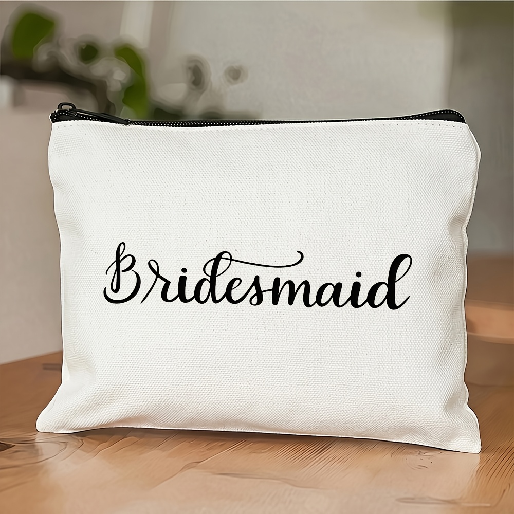 TEMU 1pc "bridesmaid Horizontal Flowing Calligraphic Print Jumpsuit-themed" Printed Makeup Bag, Lightweight Daily Cosmetic Storage Pouch, Featuring