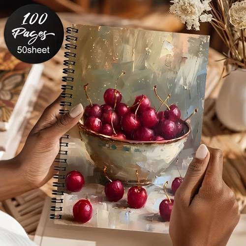 a5 oil painting cherry still life notebook 24 hole spiral binding 50 sheets 100 pages thick paper suitable for office journaling diary meeting notes portable notepad for professionals creative gift for artists students
