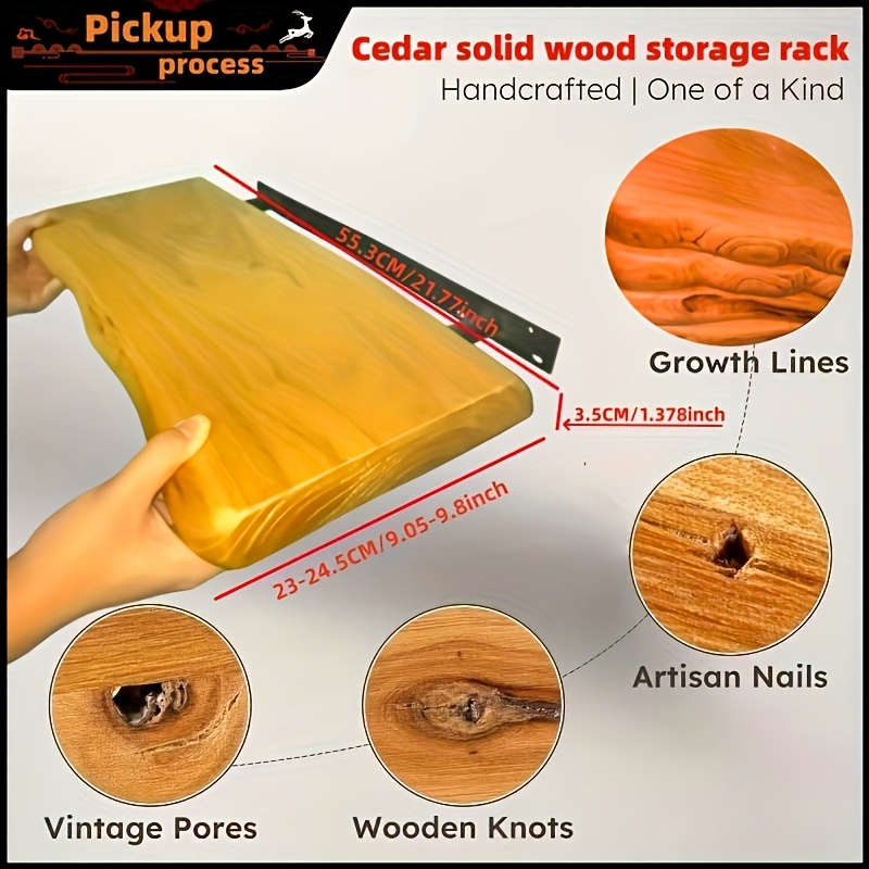 Cedar Solid Wood Handmade Floating Shelf with Natural Wood Grain and Hand-sanded Natural Edges. Large Floating Shelf, Suitable for Guesthouses, Farmhouses, Living Rooms, Kitchens, Bathrooms, and Bedrooms. Pre-drilled Holes for Easy Installation.