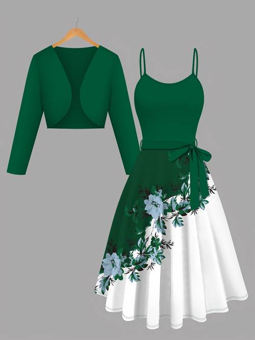 womens elegant 2pcs suit blue cardigan jacket flower dress with contrast suspender dress lace up machine washable wear outfit 2pcs matching ensemble suitable for weddings office