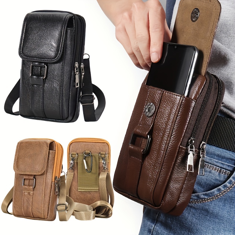 

Men' Leather Waist Pack - Multi-functional, Portable Shoulder Bag With 3-layer , Waterproof Phone & Card Holder