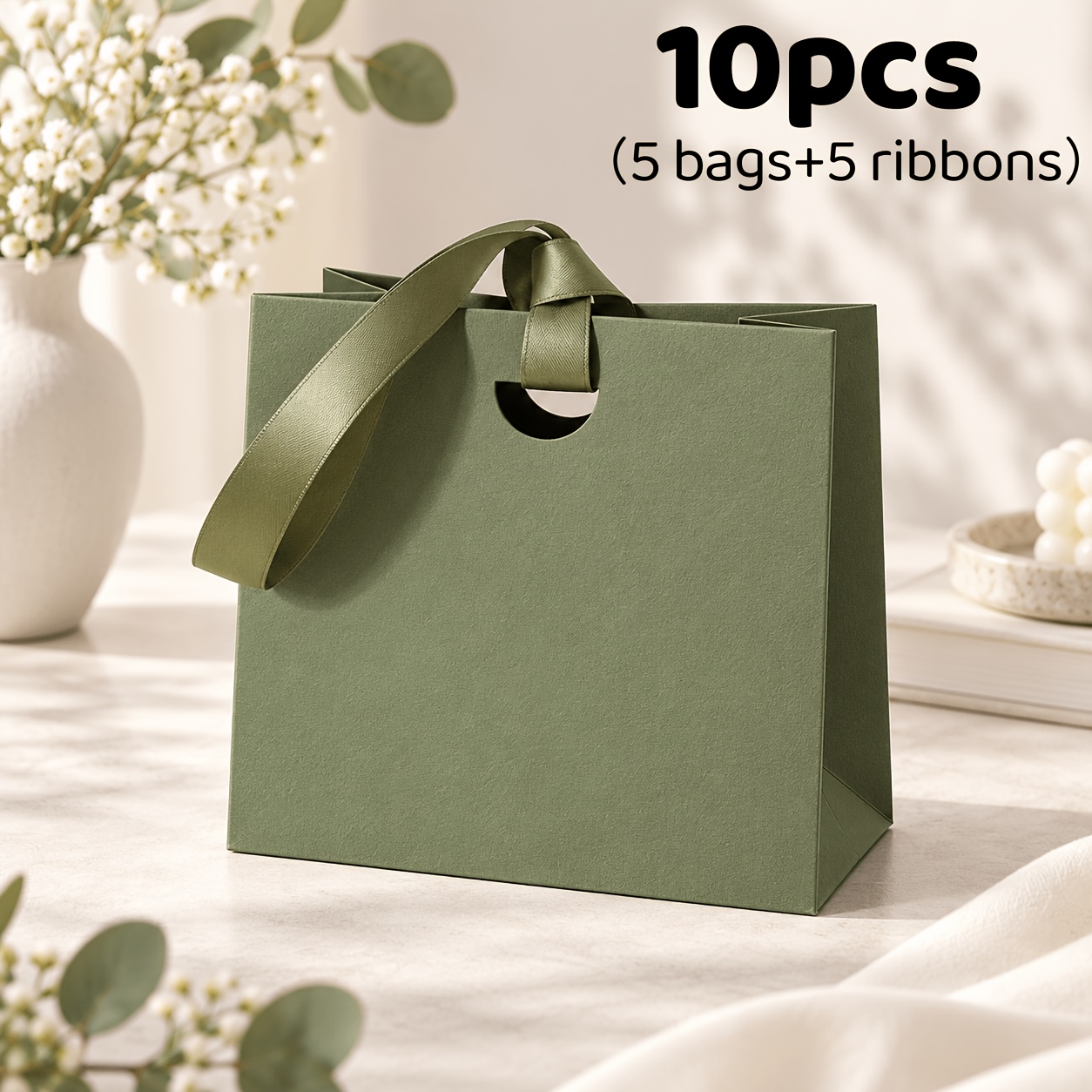 TEMU 10 pezzi (5 sacchetti regalo e 5 nastri) con manici, sacchetti regalo di ringraziamento, sacchetti di con fiocchi per matrimoni, damigelle, baby