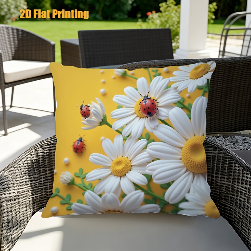 2D Flat,Terrace Cushion Cover,1pc 18X18 Inches Quare Pillow Cover, Ladybugs Rest on Daisies.,Decoration, Gifts,Valentine Festival Gifts,Outdoor Indoor,Garden Decoration, 2D Flat