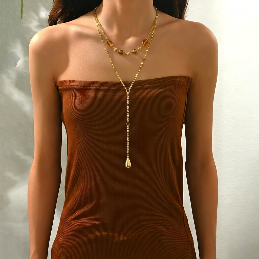 TEMU 1pc Women's Fashion Y-chain, Individual Retro Style Double-layer Beaded Water Drop Pendant Y-chain Stackable Necklace Spring Summer Daily Party